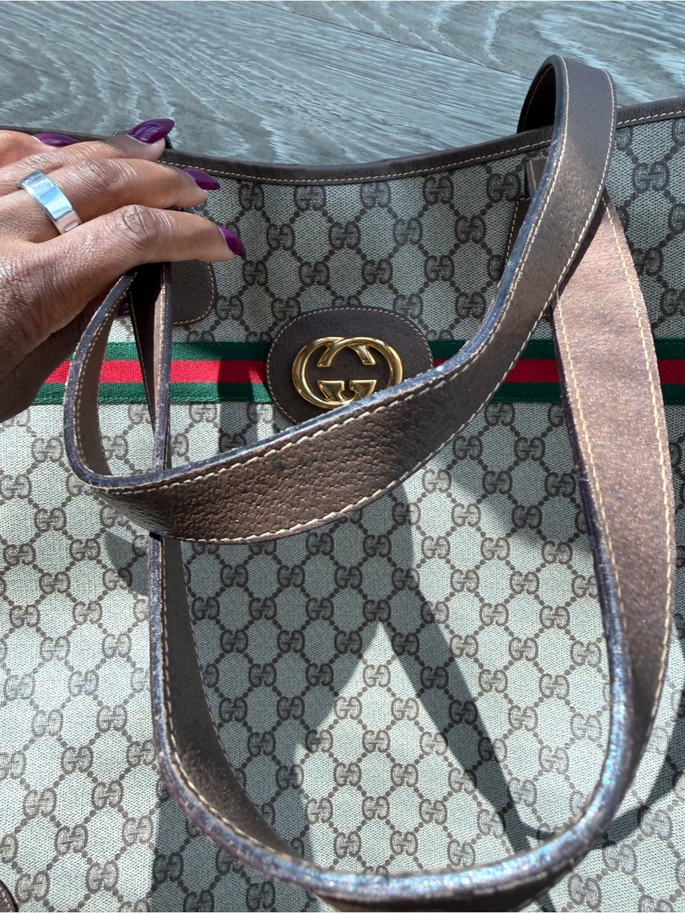 Vintage Gucci Brown GG Canvas Tote with Green and Red Web Stripe - Picture 10 of 10